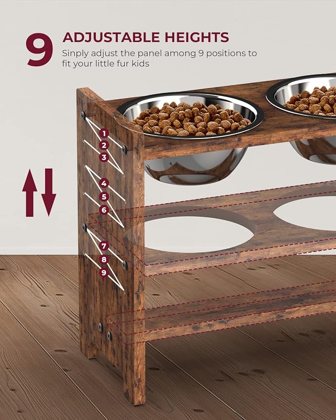 Vantic Elevated Dog Bowls, Adjustable Bowl Stand Large/XLarge, Rustic Brown | Particle Board Raised Dog Bowl Stand with 2 Stainless Steel Bowls for Large and Extra-Large Dogs