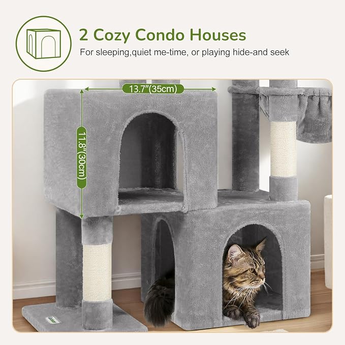 Globlazer 52in Cat Tree Tower for Indoor Cats, 2 Condos, S52, Light Grey | Multi-Level Plush House, 5 Sisal Scratching Posts, 2 Padded Top Perches, Big Metal Basket, Stable Enlarged Base