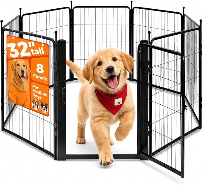 32 Inch Dog Playpen, 8-Panel Metal Pet Exercise Pen with Door, Foldable Indoor Outdoor Dog Fence for Medium Dogs, Black (Black, 32inch)