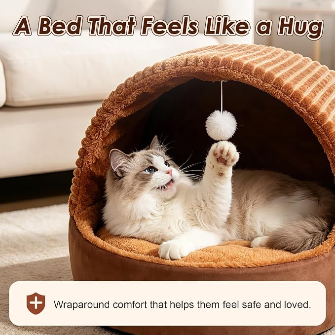 Cat Bed Cave with Pillow & Cat Toys, Cozy Cat Beds for Indoor Cats | 15.7in,Up to 10 lbs, Dual-Sided Cushion, Reversible Comfort for All Seasons, Semi-Enclosed Design, Machine Washable, Brown