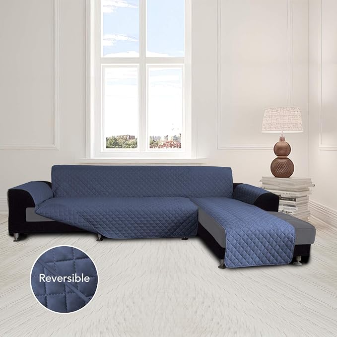 Easy-Going Reversible L-Shape Sectional Couch Cover, Small, Dark Blue | Soft Sofa Slipcover For Dogs, Fits Left/Right Chaise Lounge Protector, Water Resistant Mat For Living Room