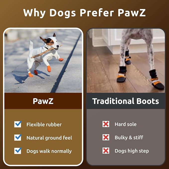 PawZ Rubber Dog Boots for Large Paws - All-Weather Waterproof Dog Shoes, Anti-Slip Traction for Rain, Snow, Mud & Hot Pavement - Pull-On Dog Booties, Brown - Large (3"- 4") - Pack of 24