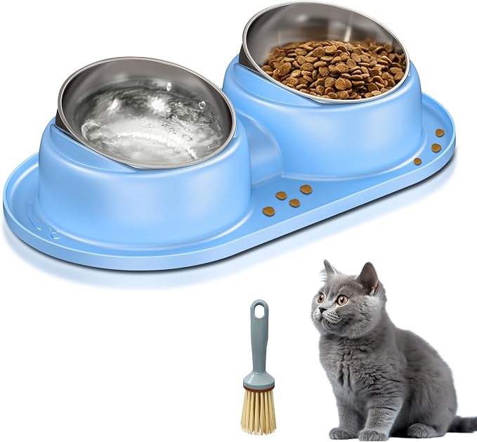 Cat Bowls 2 Stainless Steel Bowl for Pet Dog Water and Food Feeder with Non Spill Skid Resistant Silicone Mat,Tilted Bowls Elevated Anti Vomiting, Non-Slip Base, Ant Proof Food & Water.Blue