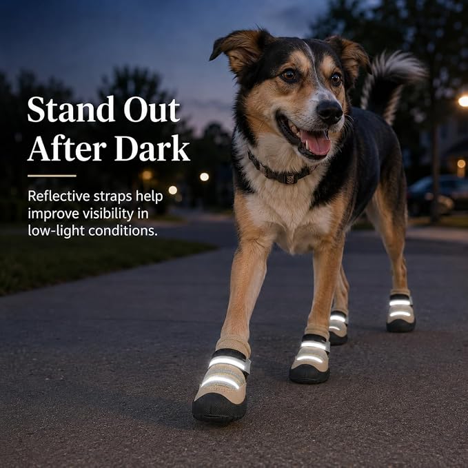 Dog Boots, Waterproof Dog Shoes with Reflective Straps, Rugged Anti-Slip Sole Paw Protectors for Medium Large Dogs, Breathable Pet Booties for Hot Pavement, Snow, Hiking, 4Pcs