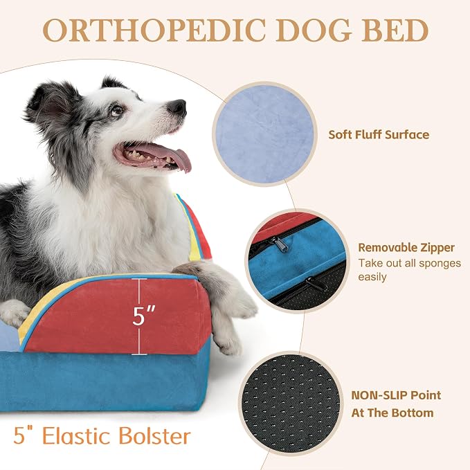 Comfort Expression Orthopedic Dog Bed for Extra Large Dogs with Bolster | Waterproof Dog Couch Bed with Washable Cover & Non-Slip Bottom, Supportive Egg Crate Foam XL Pet Bed, 42x30 Inch