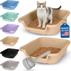 KittyGohere Senior Cat Litter Box Small with Scoop, 2 Pack Beach Sand | Open Top Low Entrance Kitty Litter Box With With Long-handle Jumbo Scoop, Lightweight & Durable Litters Box, Made in USA