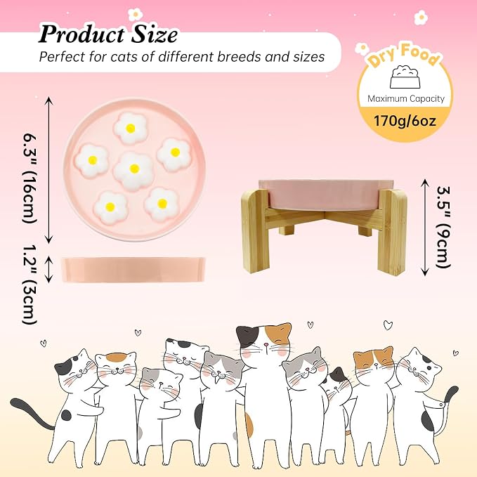 Elevated Ceramic Slow Feeder Cat Bowl with Anti-Slip Bamboo Stand | 6.3" Wide Whisker Friendly, Slow Eating 3x, Dry & Wet Food, Cute Flower-Shaped Maze, Microwave & Dishwasher Safe, White