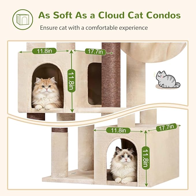 Globlazer C64 Heavy Duty Corner Cat Tree, 64in Large Cat Tower, Beige | Easy Setup, Maine Coon, Extra-Large Top Perch, 2 Condos, 2 Hanging Baskets, 4 Sisal Scratching Posts, Anti-Topple Strap
