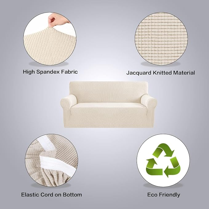 H.VERSAILTEX Stretch Couch Covers for Sofa 1 Piece Slipcovers for Couches and Sofas 3 Seater Couch Cover Feature Thick Checked Jacquard Fabric with Elastic Bottom(Large Sofa 90"-100" Wide, Natural)