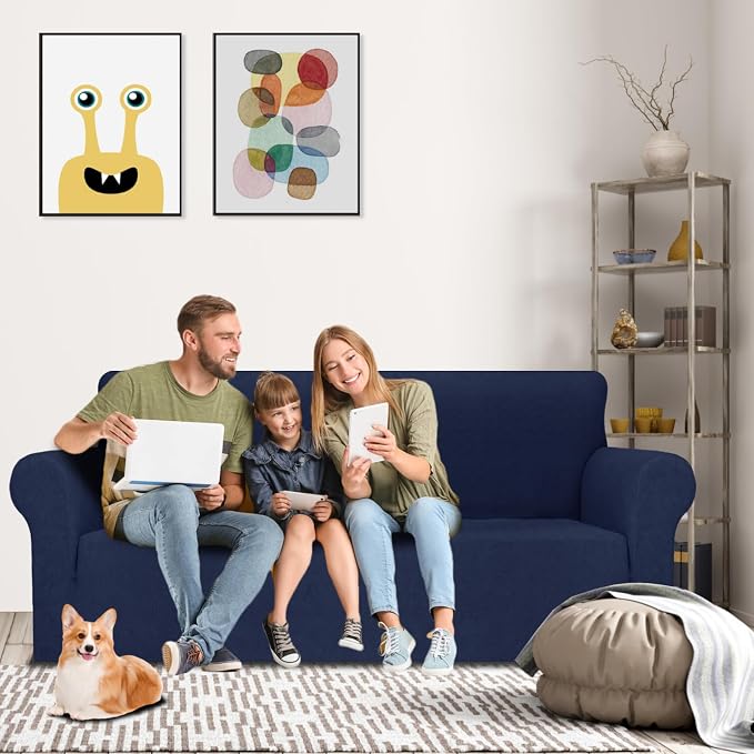 MAXIJIN Couch Covers for 3 Cushion Couch Sofa (71"-91"), 1-Piece Stretch Sofa Cover Slipcover Furniture Protector with Elastic Bottom for Kids,Dogs (Large, Diamond Pattern Navy Blue)