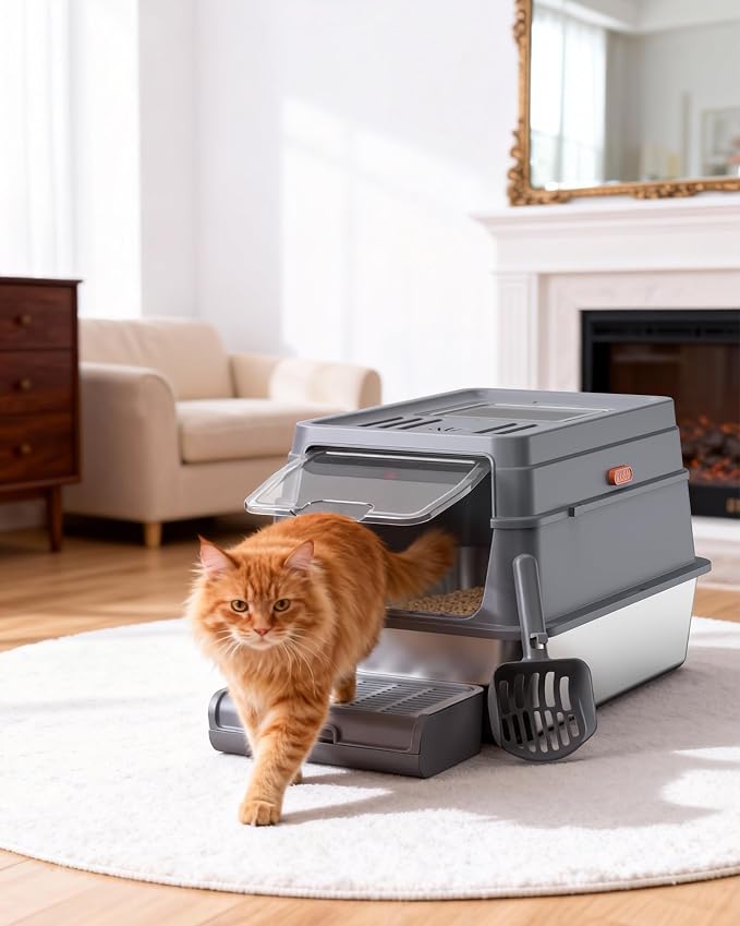 Powools Stainless Steel Enclosed Cat Litter Box, Elevated Step Box, Grey | 17.1 x 13.2 x 15.0 in, Metal Cat Litter Box with Lid, Litter Scoop, Activated-Carbon Pack, Non-Sticky, Easy to Clean