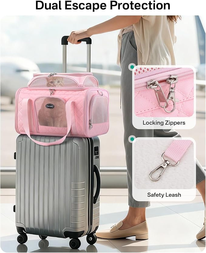 Top Expandable Cat Carrier for Airline Travel, 17x11x9.5 in, Pink | Stable reinforced frame, locking zippers, and breathable mesh for airport waits, vet visits, road trips, and daily travel