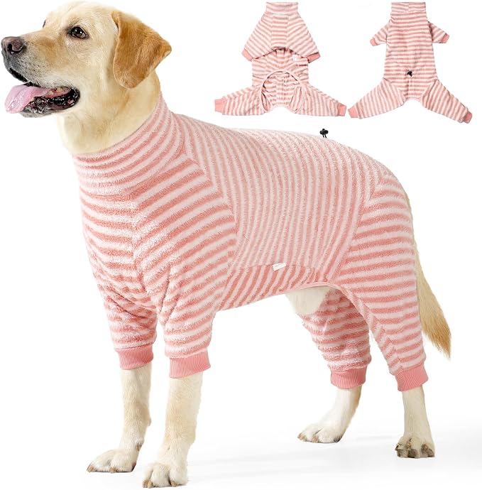Dog Fleece Pajamas Large Dog 4 Legs Winter Clothes for Dog Fit Warm Jumpsuit for Dogs (Striped Pink, Small)