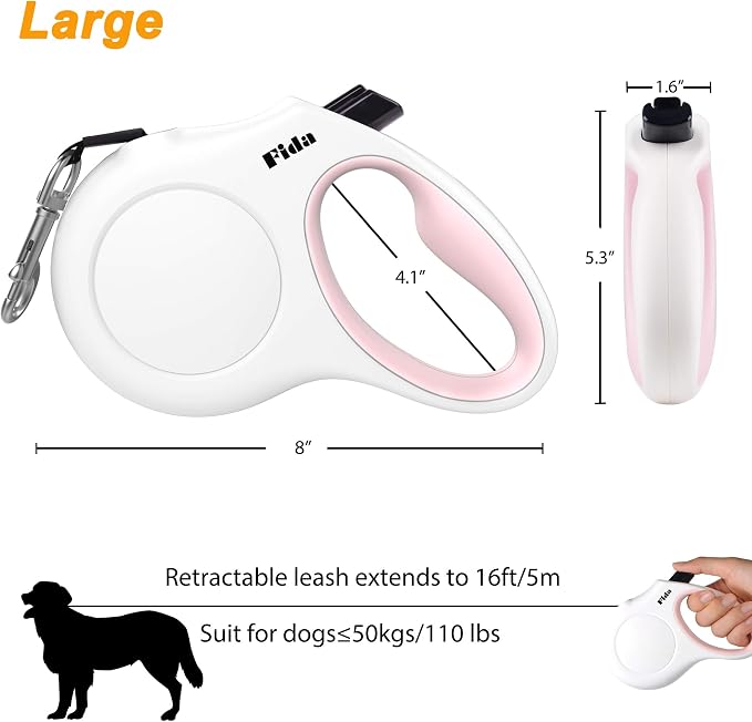Fida Retractable Dog Leash with Dispenser and Poop Bags, 16 ft Pet Walking Leash for Large Dog up to 110 lbs, Anti-Slip Handle, Tangle Free, Reflective Nylon Tape (L, White)