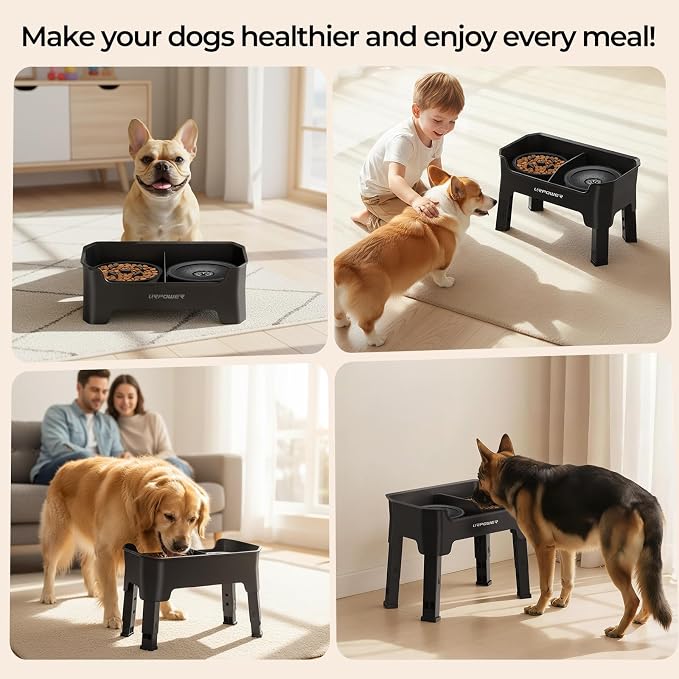 URPOWER Mess Proof Elevated Dog Bowls 4 Height Adjustable Raised Stand | No Spill Water Bowl, Slow Feeder Dog Bowls, Non-Slip Food and Water Bowl Set for Small, Medium & Large Dogs