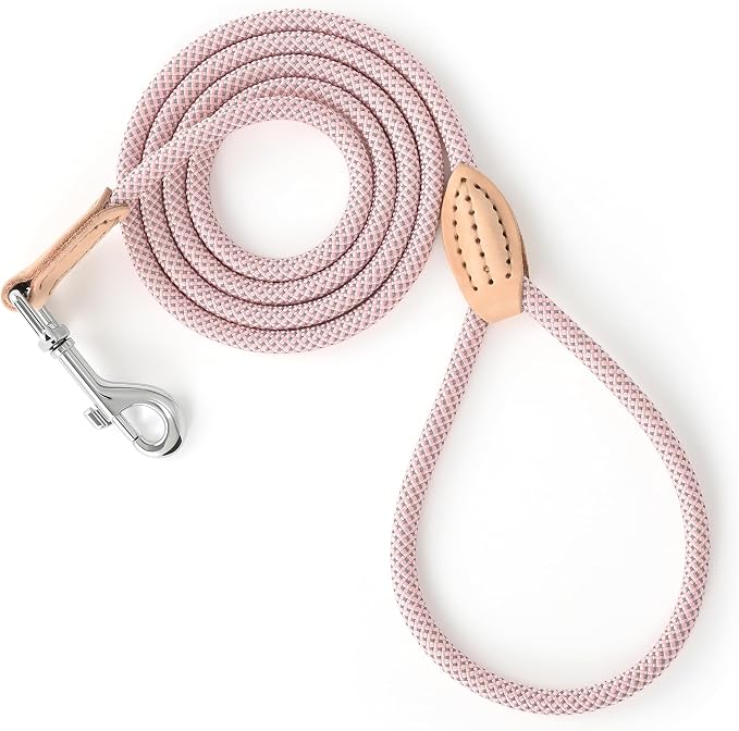 Mile High Life Dog Leash with Genuine Leather Connection, Thin Lightweight | Rope Leash, Heavy Duty 360° Swivel Metal Clasp, for Small Medium & Large Dogs Walking (Pink, 72 Inch-1/3)