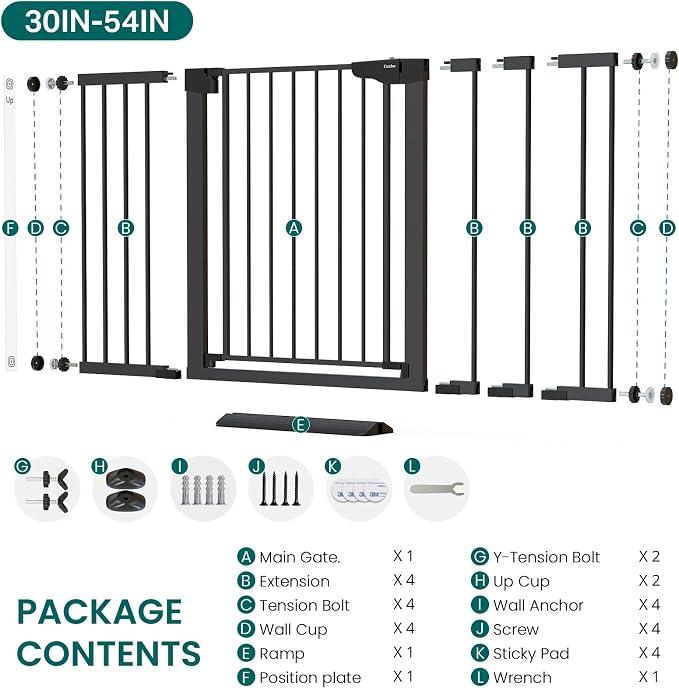 Cumbor 30-54" Extra Wide Baby Gate for Stairs & Auto Close Dog Gate Black | Dual Lock Easy Install Pet Gate for Doorways, Hallways & Kitchen, Pressure Mounted, Easy Walk Thru Safety Proofing