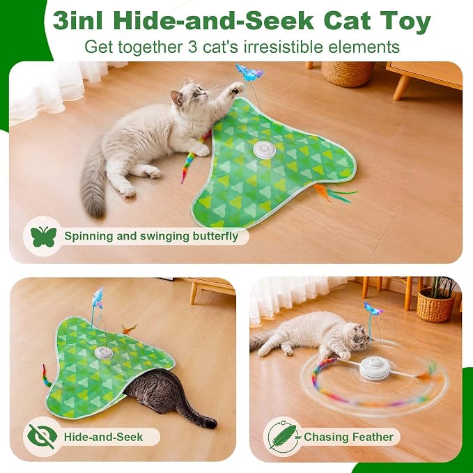 Interactive Cat Toy Mat for Indoor Cats, Rechargeable Hide & Seek Cat Toy with Moving Hidden Feathers& Fluttering Butterfly, Touch Activated Automatic for Bored Cats, Kittens & Adult Cats