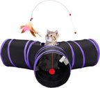 Tempcore Cat Tunnel for Indoor Cats, 3 Way Collapsible Pet Play Tunnel with Teaser Wand, Peek Holes & Hanging Ball, Interactive Tube for Kittens & Rabbits, Black & Purple