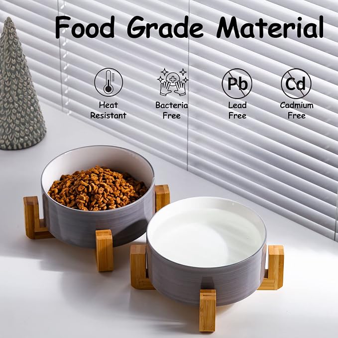Petygooing Ceramic Cat Dog Bowl Set with Stand,Small Dog Bowls,Pet Food and Water Dish, Anti Slip Set of 2 Cat Bowls-Cute Modern Pet Food Dish Small Size (13.5OZ/5.1 in) Grey White