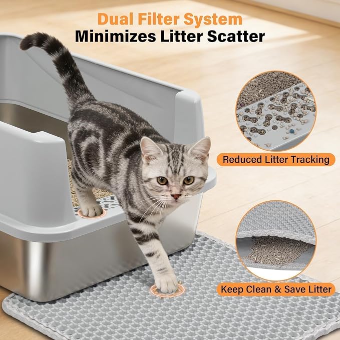 Stainless Steel Cat Litter Box for Kittens, Low Entry Kitten Litter Box | Small Metal Litter Box, Includes Scoop and Mat, High Sided, Non-Sticky, Anti-Urine Leakage, Easy Cleaning