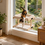 Teabelle Double Layer Cat Window Perch with 3 Interchangeable Mats | Bedside Sleeper, Adjustable Solid Wood Tree Cat Hammock for Small & Medium Breeds, Sturdy Window Bed(Plush, Sisal, Canvas)