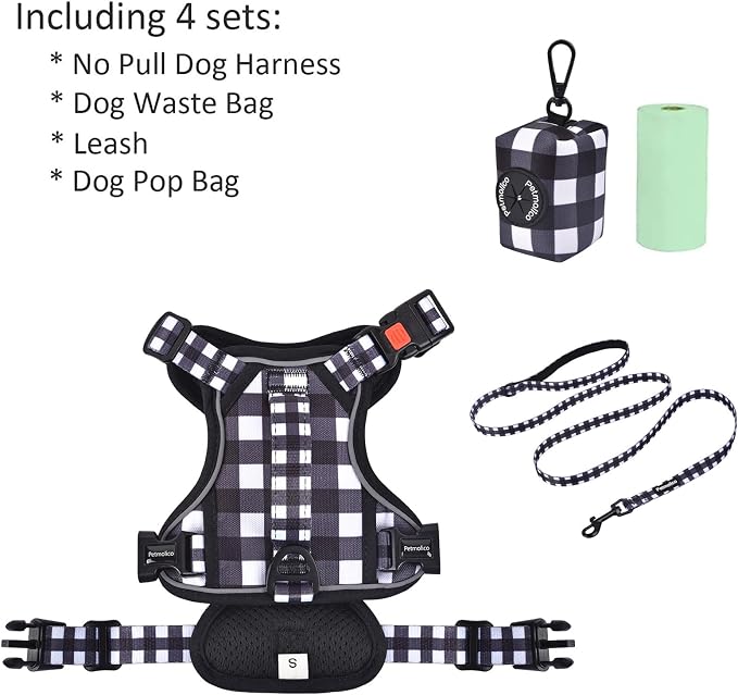 Petmolico No Pull Dog Harness Set with Leash Attachment Easy Control Handle Reflective Harness Vest Small Breed, Puppy Vest and Leash Set with Poop Bag Holder, Small - Plaid