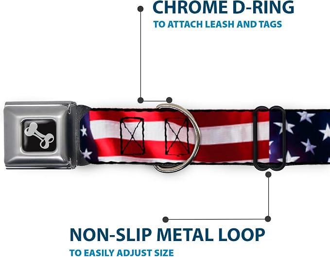 Dog Collar Seatbelt Buckle American Flag, 13 To 18 Inches, 1.5 Inch Wide | Vivid Close Up, Durable Nylon Pet Collar With Heavy Duty Stainless Steel Hardware, Quick Release, Handcrafted In USA