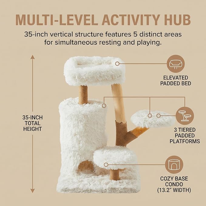 35" Multi-Level Cat Tree with Durable Sisal-Wrapped Posts, Dual Enclosed Condos, Cushioned Perches, and Removable Plush Cover,White