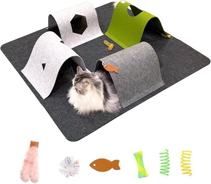 Cat Tunnel Mat for Indoor,4-Way Felt Cats Play Mat Cat Cave for Hide & Seek | Furphoria 39.4" Large Cat Tunnel with 6 Pcs Toys Set Interactive Cat Enrichment for Foldable Kitten Tunnel (Dark Gray)