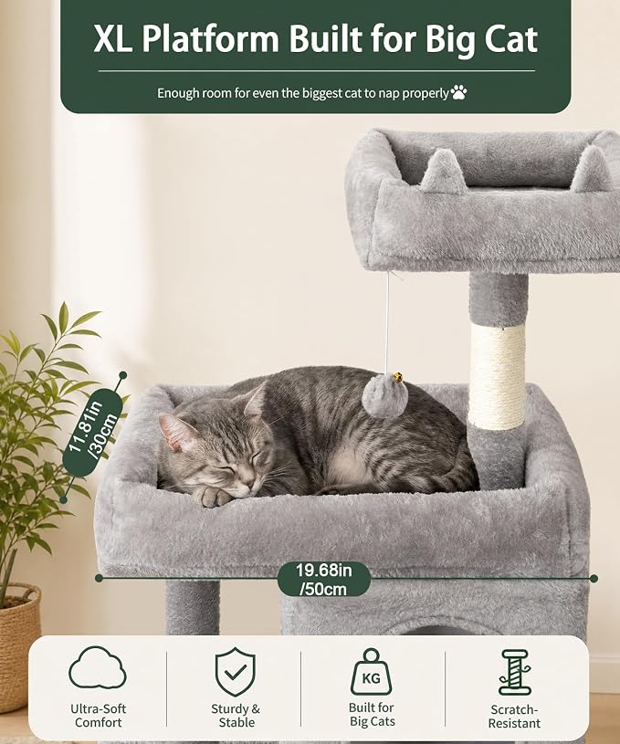 68 Inches Heavy Duty Cat Tree for Indoor Cat, Big Cat Tower | Cat Houses & Tree Tower with 2 Condos, Sisal Scratching Posts & Large Platform for Indoor Cats Large Adult, Grey