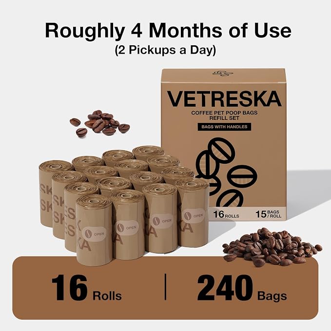 VETRESKA Dog Poop Bags with Handles 240 Count, Coffee Scented Waste Bags | Leak-Proof Thick Dog Bags for Poop, Easy-Tie Large Poop Bags, 16 Refill Rolls for Dog Walking Cat Litter