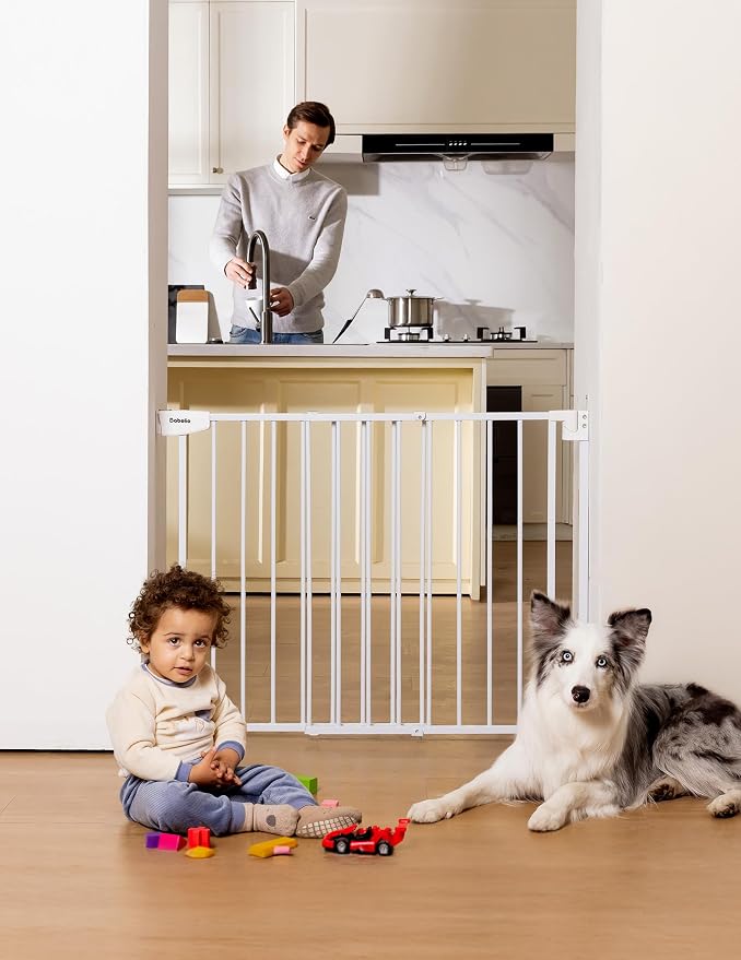 Babelio Extra Wide No Bottom Bar Baby/Dog Gate, 28" H, 29.7-46.5" W, White | Hardware Mount Pet Gate for Indoor Doorways and Hallways with Auto Close, Stay-Open, Wide Walk-through Door, Easy Install