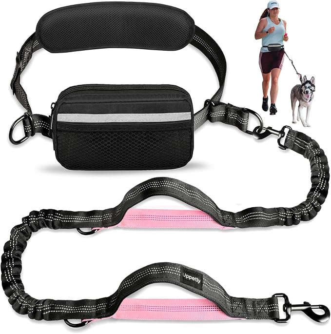 Uppetly Hands Free Dog Running Leash with Waist Belt, Dual Handle Elastic Bungees Retractable Rope for Small and Medium Dogs, Reflective Stitches for Walking Hiking Biking (Medium Pink, 8-25lb)