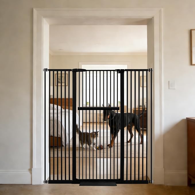 Lumizone 55.12" Extra Tall Pet Gate for Cat Dog 30.12"-59.24" Wide Black | Extra Tall Cat Gate for Doorway Hallway Stairs Pressure Mounted 1.37" Gap No Drilling Auto-Close Dual-Lock