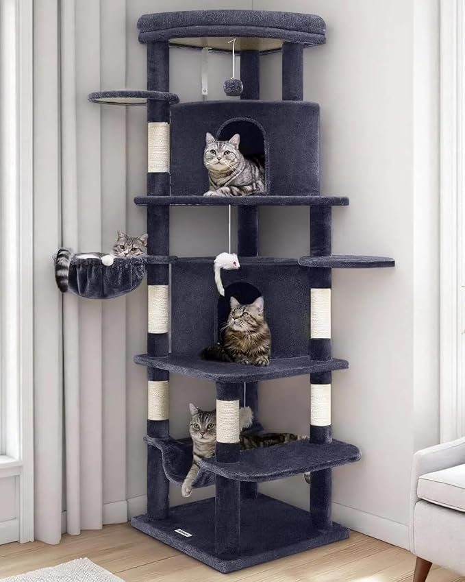 Globlazer Corner Cat Tree for Large Cats, 66inch Tall Curved Series Large Cat Tower for Multiple Indoor Cats with 6 Scratching Posts, 2 Spacious Cat Condos, Hammock, Hanging Basket, C66, Dark Grey