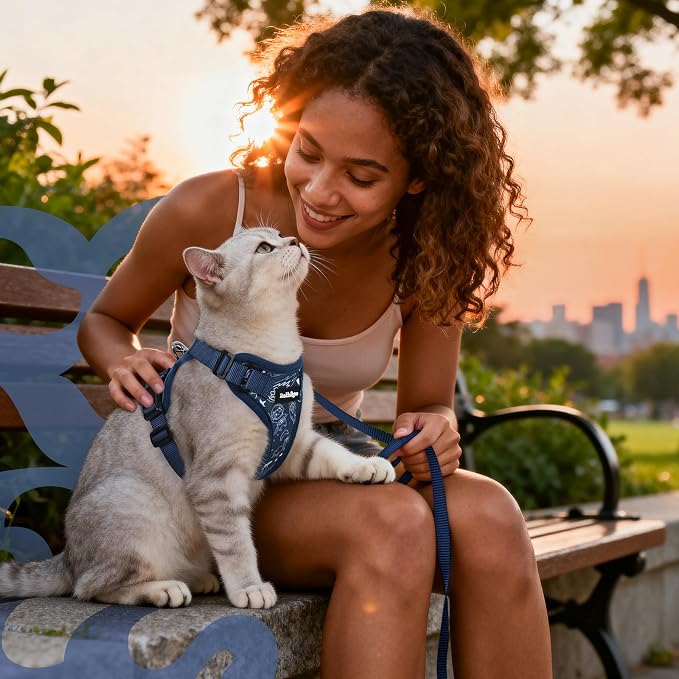 rabbitgoo Cat Harness and Leash Set, Escape Proof Vest, Cosmic Ace | Soft Breathable Mesh, Easy Adjustable Fit, Snap Buckles, Sturdy Clip, Reflective Strips, for Medium to Large Cats Walks, M