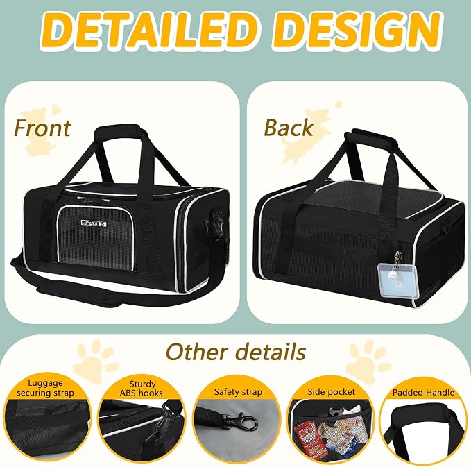 Petskd Small Pet Carrier 17" L x 12" W x 8.5" H Airline Approved, Black | for JetBlue/Frontier/Spirit Airlines, Lockable Safety Zippers and Anti-Scratch Mesh, Pets Under 8 lbs