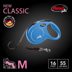 FLEXI® Classic Tape Retractable Dog Leash, Medium, 16 ft - Blue | German engineered, original flexi leash, durable quality for dogs up to 55 lbs, tangle-free, walking, reliable brake system
