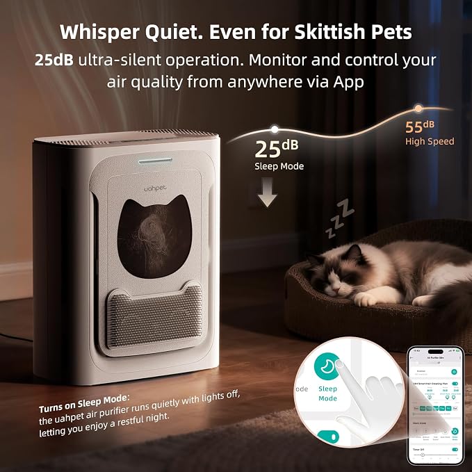 uahpet Pet Air Purifier for Home, Reduce Pet Hair, Dander, Odors, Dust, Smoke for Large Rooms up to 2100 Ft², Air Cleaner with H13 HEPA, Washable Pre-Filter & Air Quality Monitor, White+Pink