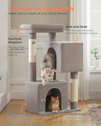 XL Cat Tree 44" Cat Tower for Large Cats 20 lbs, 2 Spacious Caves | Multi-Level Cat Tree with Scratching Posts, Soft Padded Perch, 2 Dangling Toys