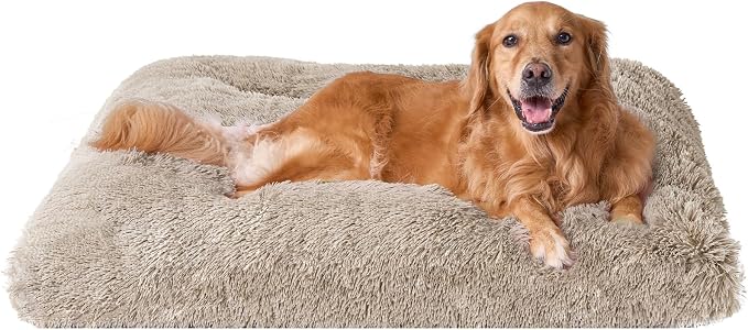 EHEYCIGA Fluffy Dog Crate Bed for Extra Large Dogs, Plush Faux Fur Crate Pad, Calming Anti Anxiety XL Dog Bed, Washable Soft Warm Crate Mat with Non-Slip Bottom, Taupe