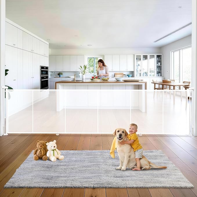 160" Retractable Baby Gates Dog Gate Extra Wide, 42" Tall Child Pet Safety Gate with Reinforced Strips for Stairs, Long Mesh Garage Gates Fence for Outdoor Indoor Large Openings Driveway Decks Patio