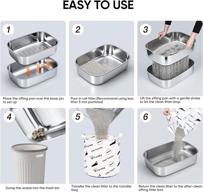 Stainless Steel Sifting Litter Box with Lid | 3-Second Cleanup, No Scooping Needed ,Premium Stainless Steel, Odor & Non-Stick,High-Density Sifting, Saves 30% Litter