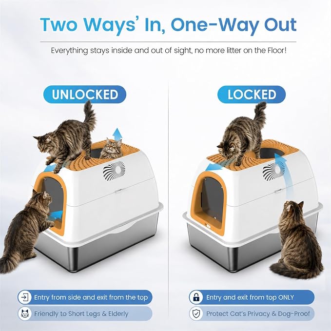 SuzziPaws Stainless Steel Litter Box Dog-Proof Leak-Proof for Multi-Cats | XL Orange Hooded Top-Entry with Filter Lid & Scoop, Cat Litter Box High Walls Prevent Spills, Ideal for Multi-Cats