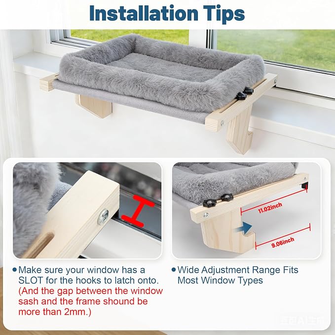 Cat Sill Window Perch - 100% Natural Pine Frame, Soft Plush Fleece, Tool-Free Adjustment, Supports 40 lbs (Medium-Grey)