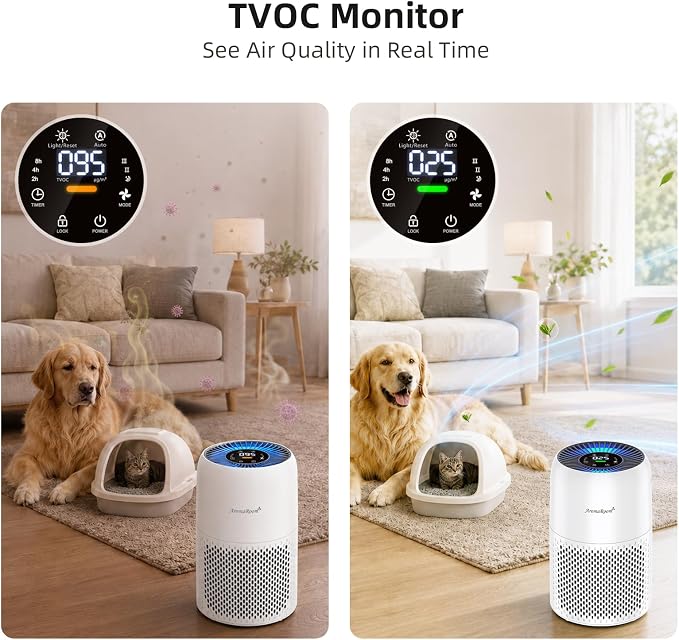 AromaRoom Pet Air Purifier for Home, H13 HEPA Air Filter, Auto Quality Mode | Pet Hair Dander Odor Allergies Smoke, Air Quality Monitor, Quiet Air Cleaner for Bedroom, Living Room