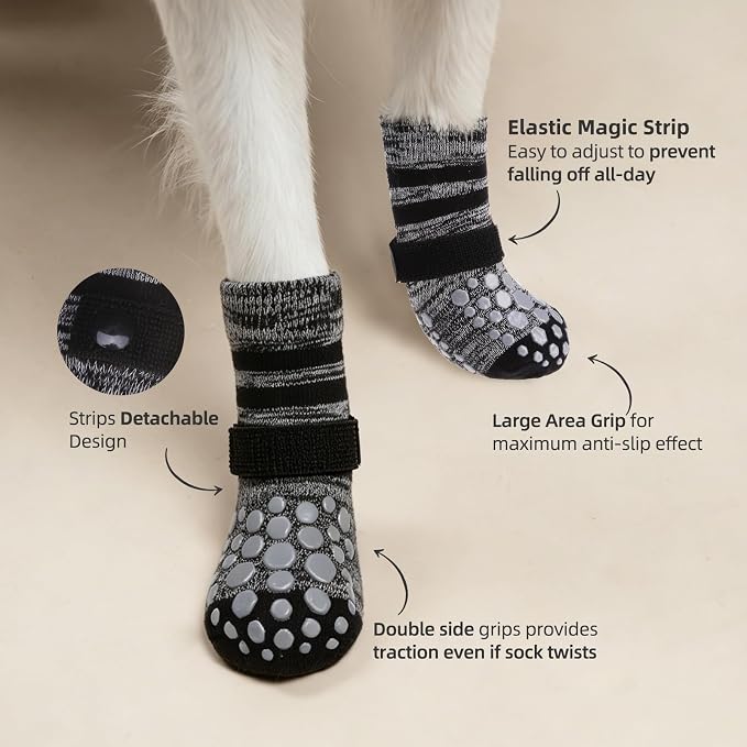 PUPTECK Anti-Slip Dog Socks with Double Sides for Small Medium Large Dogs Hardwood Floors Prevents Licking, Dog Shoes for Hot Pavement Traction Control Paw Protector for Senior Dogs, Striped Black L