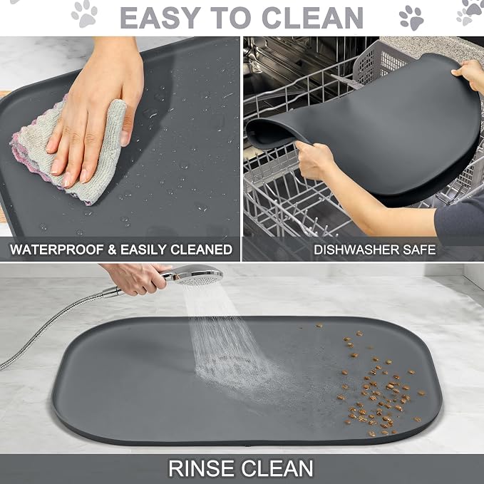 SMILOOL 36" x 24" x 1" Extra Large Silicone Pet Food Mat with Raised Edge for Food and Water Bowl, Dog Feeding Mats, Cat Food Trays for Floor Waterproof, Rubber Tray for Dogs and Cats, Dark Gray