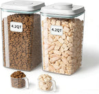Dog Food Storage Containers 2 Pack, 4L/4.2 Qt Each Airtight Pet Canisters with One-Touch Lids, 130ml Scoops, BPA-Free Stackable Clear Kibble Holders for Kibble, Cat Food and Treats